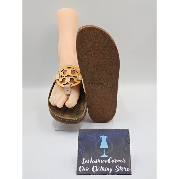 Tory Burch Women's Beige Leather Miller Cloud Flats Thong Sandals Sz 8 2642 - Picture 3 of 16